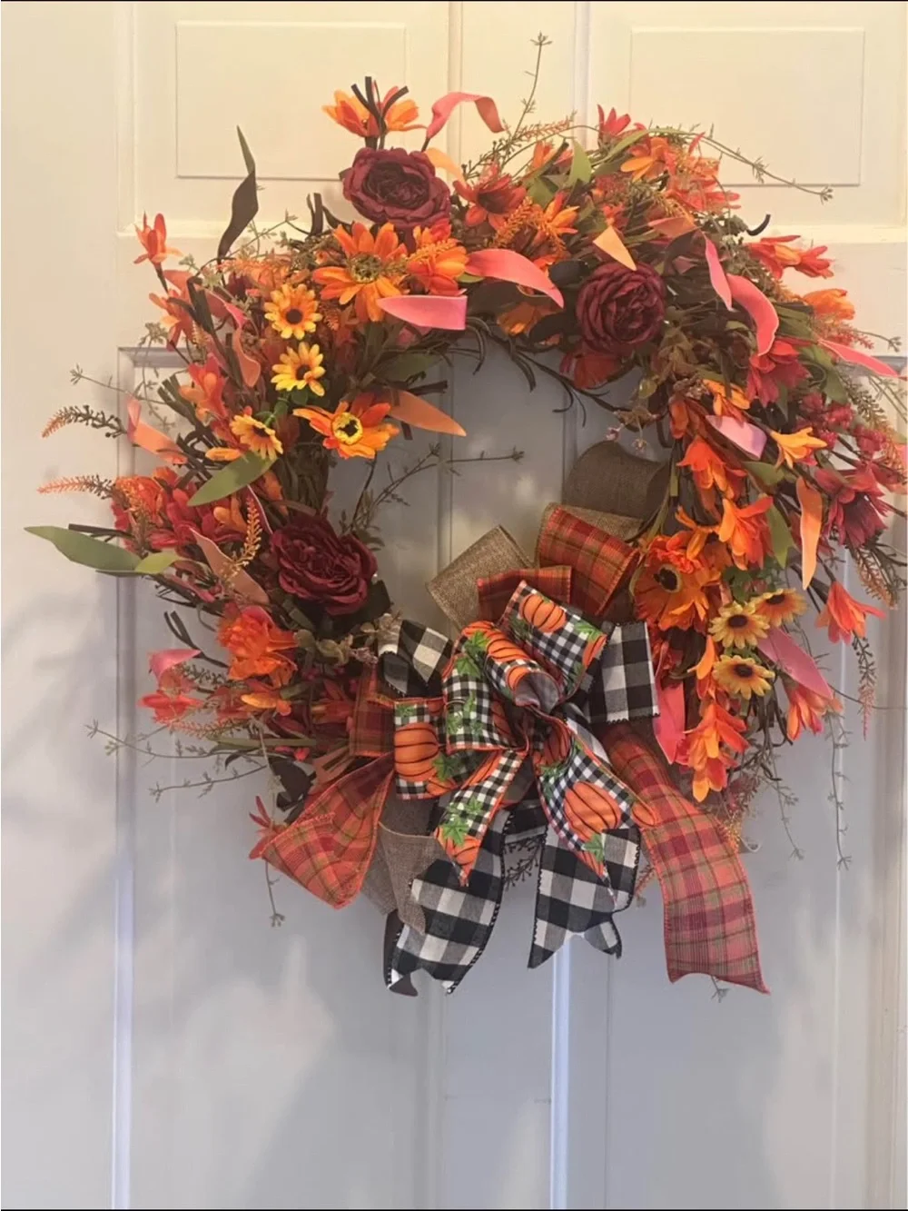 Fall Orange and Burgundy Holiday Wreath with Plaid Bow